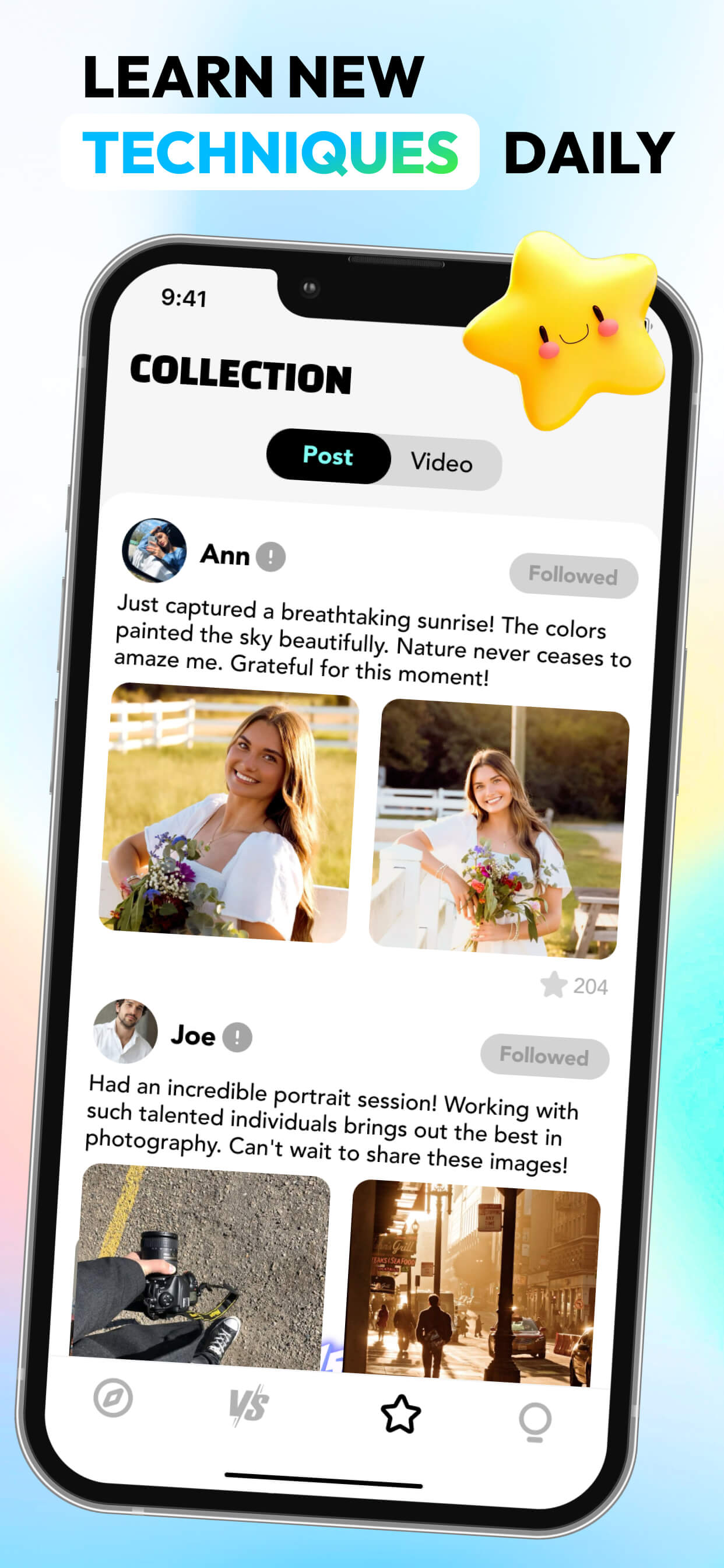 Photography app interface showing user posts